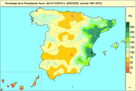 Porcentaje de la precipitación acumulada durante el trimestre invernal respecto al valor normal (periodo de referencia: 1981-2010)