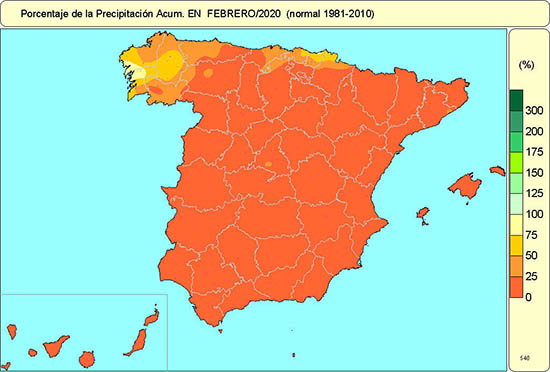 Porcentaje de la precipitación acumulada respecto al valor normal en febrero de 2020