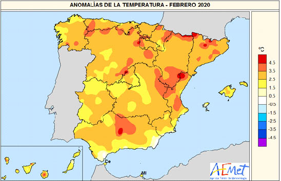 Anomalía de la temperatura en febrero de 2020