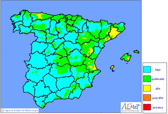 Ejemplo de mapa con niveles de riesgo de incendios forestales generados automáticamente por AEMET a partir de datos meteorológicos y de modelos numéricos de predicción del tiempo en la Península y las Islas Baleares y publicados en su portal web