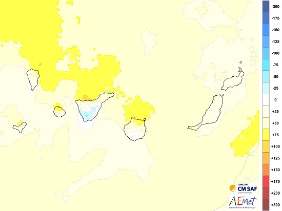 Anomalía de la insolación en el mes de abril de 2020 en el Archipiélago Canario