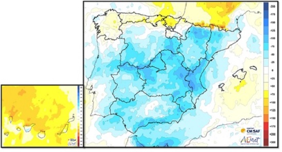 Anomalía de horas de sol en España a lo largo de la primavera de 2020
