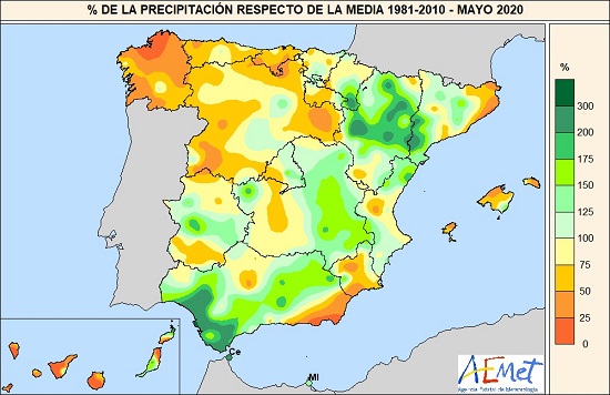 Porcentaje de la precipitación acumulada respecto al valor normal en mayo de 2020