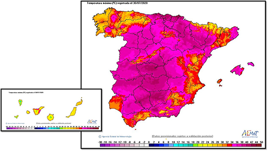 Temperaturas máximas registradas el 30 de julio de 2020