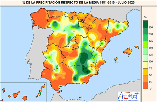 Porcentaje de la precipitación en julio de 2020 con respecto al valor promedio