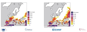 Número de días durante los cuales se alcanzó la 'categoría de estrés por calor muy fuerte' del Índice térmico universal (UTCI) en verano (junio, julio y agosto) de 2003 (izquierda) y en verano (junio, julio y agosto) de 2020 (derecha). Fuente: Copernicus