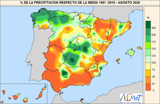 Porcentaje de la precipitación en agosto de 2020 con respecto al valor normal para dicho mes