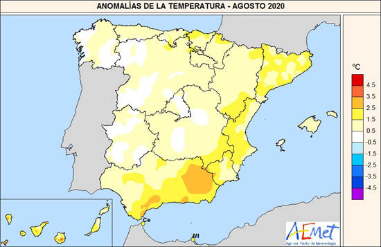 Anomalías de temperatura en España en agosto de 2020