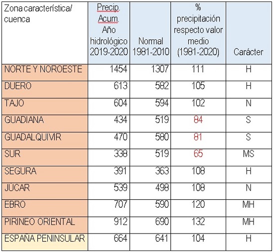 Precipitación acumulada en el año hidrológico 2019-2020 (de 1 de octubre de 2019 hasta el 30 de septiembre de 2020), para cada una de las divisiones de AEMET en grandes cuencas o zonas características.
