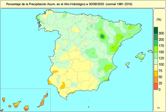 Porcentaje de precipitación acumulada en el año hidrológico 2019-2020 en relación al periodo normal (1981-2010)