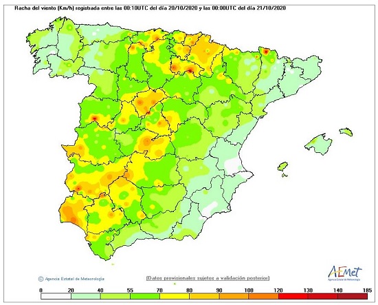 Rachas máximas registradas entre las 06 UTC del día 20 y la misma hora del 21