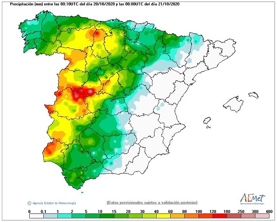 Precipitación acumulada entre las 00 UTC del día 20 y la misma hora del 21