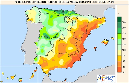 Porcentaje de la precipitación acumulada respecto al valor normal en octubre de 2020