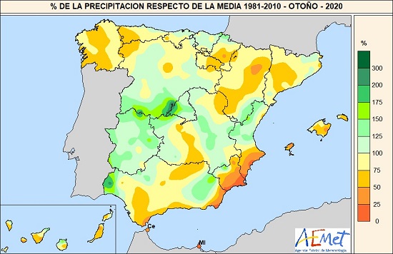 Porcentaje de la precipitación registrada en España en el otoño de 2020 respecto de la media para esta estación en el período 1981-2020
