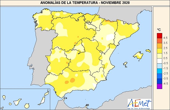 Anomalía de la temperatura en noviembre de 2020