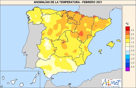 Anomalía de la temperatura en febrero de 2021