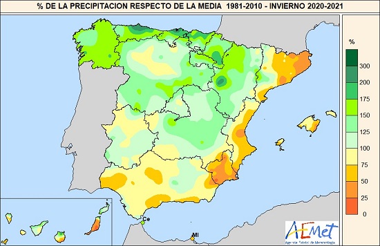 Porcentaje de la precipitación registrada en España en el invierno 2020-21 respecto de la media para esta estación en el período 1981-2020