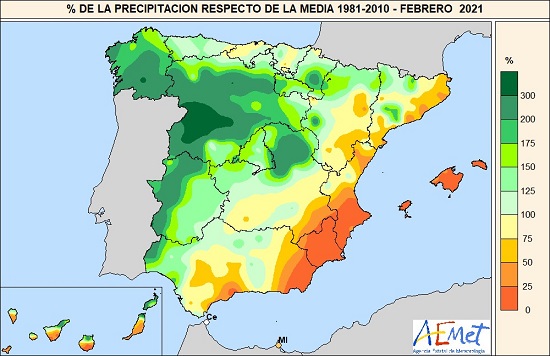 Porcentaje de la precipitación acumulada respecto al valor normal en febrero de 2021