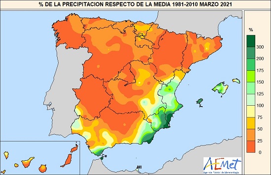 Porcentaje de la precipitación acumulada respecto al valor normal en marzo de 2021