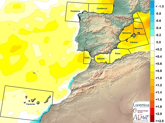 Anomalía de la temperatura superficial del agua del mar en 2020. Los tonos cálidos indican temperaturas superiores a lo normal.