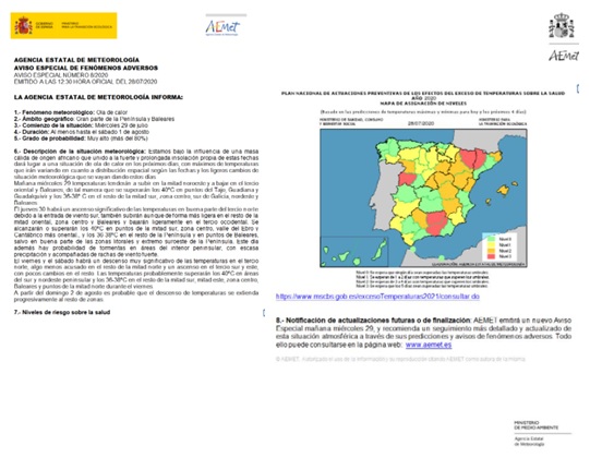 Integración de información de Plan del Ministerio de Sanidad en aviso especial de ola de calor del Plan Meteoalerta