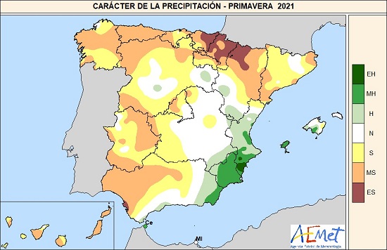 Carácter de las precipitaciones en la primavera de 2021 con respecto al período de referencia 1981-2010. ES= Extremadamente seco; MS-Muy seco; S-Seco; N-Normal; H-Húmedo; MH-Muy húmedo; EH-Extremadamente húmedo
