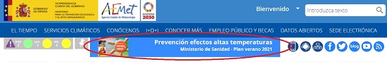 Acceso directo al mapa de niveles de riesgo del Ministerio de Sanidad desde la zona de destacados en la web institucional de AEMET