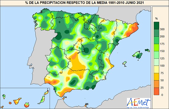 Porcentaje de la precipitación acumulada respecto al valor normal en junio de 2021