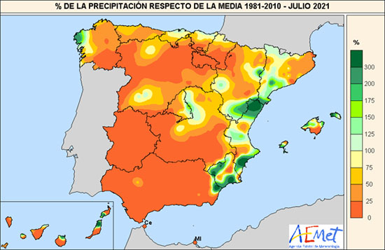 Porcentaje de la precipitación recogida en julio de 2021 respecto a los valores normales