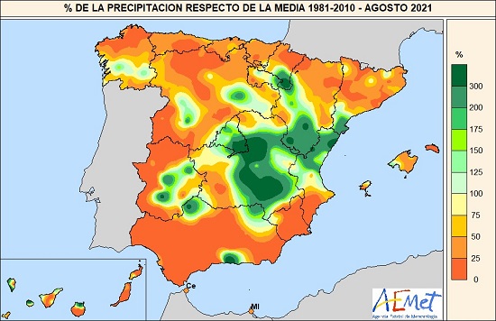 Porcentaje de la precipitación recogida en agosto de 2020 respecto a los valores normales