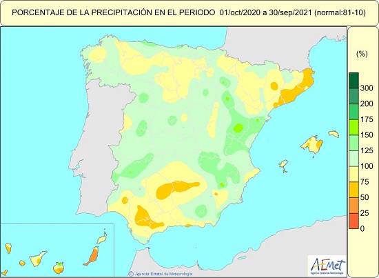 Porcentaje de precipitación acumulada durante el año hidrológico 2020-2021en relación al periodo de referencia 1981-2010