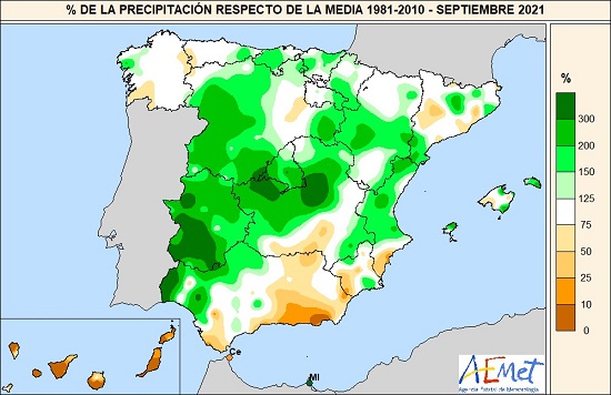 Porcentaje de precipitación recolectada en septiembre de 2020 en comparación con los valores normales
