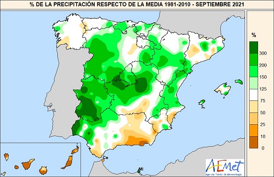 Porcentaje de la precipitación recogida en septiembre de 2020 respecto a los valores normales