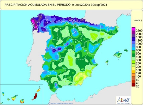 Precipitación acumulada durante el año hidrológico 2020-2021