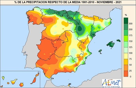 Porcentaje de la precipitación acumulada en noviembre de 2021 respecto de la media 1981-2021