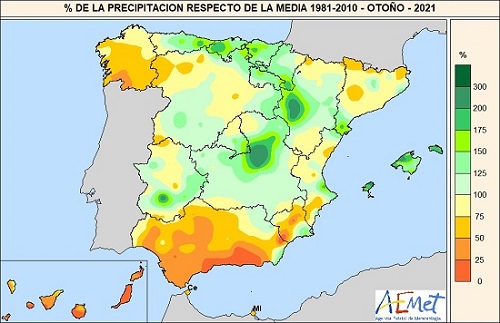 Porcentaje de precipitación acumulada con respecto a la media 1981-2010 en el otoño de 2021