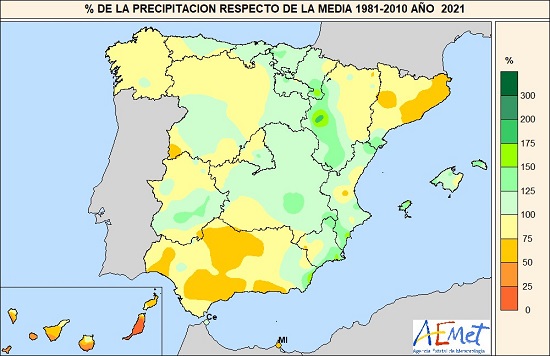 Porcentaje de la precipitación acumulada en 2021 respecto de la media 1981-2021