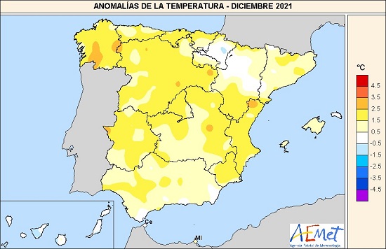 Anomalías térmicas en diciembre de 2021 respecto de los valores