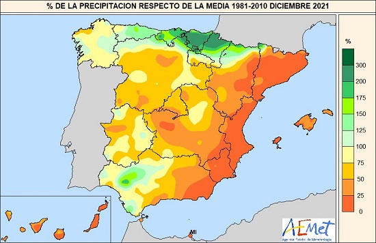 Porcentaje de la precipitación acumulada en diciembre de 2021 respecto de la media 1981-2021