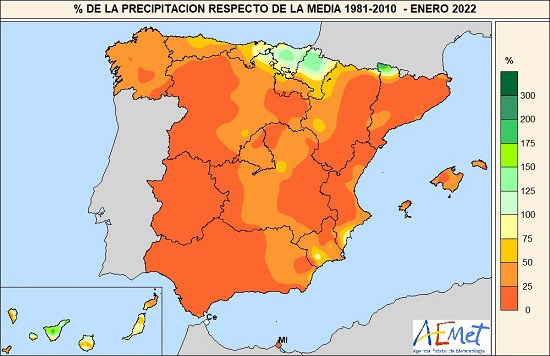 Porcentaje de la precipitación acumulada en enero de 2022 respecto de la media 1981-2021