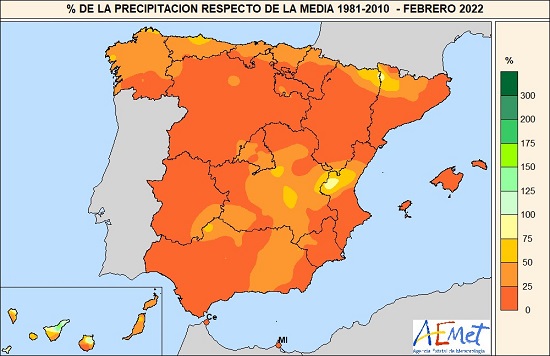 Porcentaje de la precipitación acumulada en febrero de 2022 respecto de la media 1981-2021