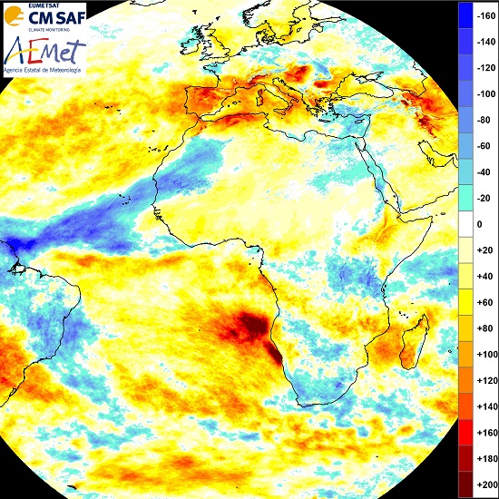 Anomalía en las hora de sol del pasado trimestre (diciembre de 2021, enero y febrero de 2022) respecto al promedio de 1983-2010