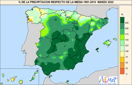 Porcentaje de la precipitación acumulada en marzo de 2022 respecto de la media 1981-2021