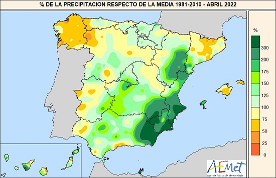 Porcentaje de la precipitación acumulada en abril de 2022 respecto de la media 1981-2021