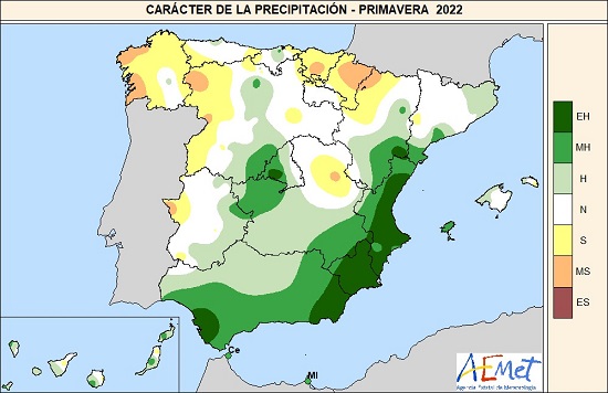 Carácter de la precipitación en la primavera de 2022 con respecto al período de referencia 1981-2010 (EH=Extremadamente húmeda; MH=Muy húmeda; H=Húmeda; N=Normal; S=Seca; MS=Muy seca; ES=Extremadamente seca.)