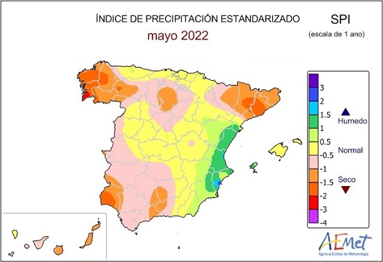 Índice de precipitación estandarizado (SPI) a un año calculado a finales de mayo de 2022. Valores inferiores a -1 indican sequía meteorológica