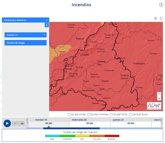 Ejemplo de nuevo visor con los niveles de riesgo de incendio previsto con zoom en la Comunidad de Madrid.