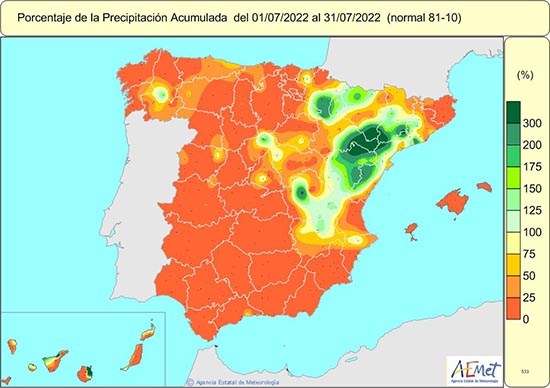 Porcentaje de precipitación respecto a lo normal en julio de 2022alt=