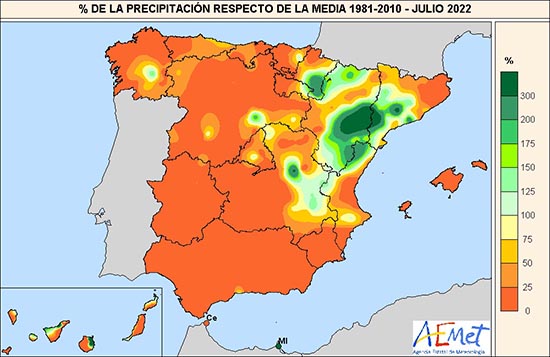 Porcentaje de precipitación respecto a lo normal en julio de 2022