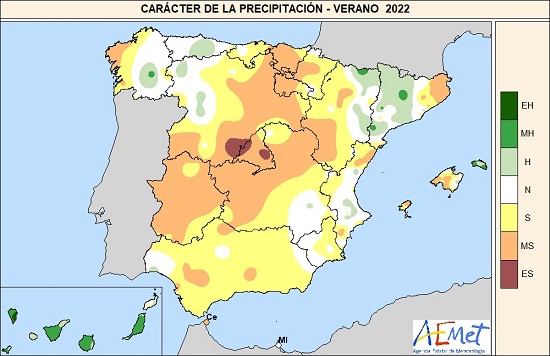 Carácter de la precipitación en el verano de 2022 con respecto al período de referencia 1981-2010 (EH=Extremadamente húmedo; MH=Muy húmedo; H=Húmedo; N=Normal; S=Seco; MS=Muy seco; ES=Extremadamente seco.)